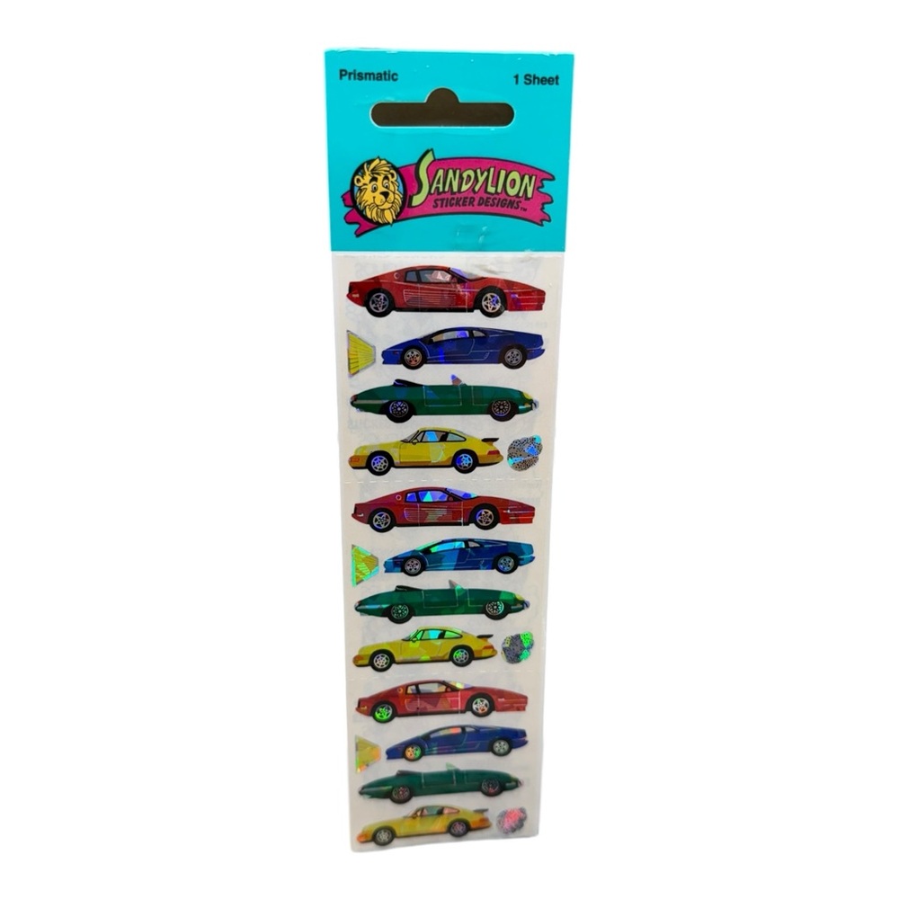 Vintage SandyLion Stickers Prismatic Race cars Multicolor Sealed NOS